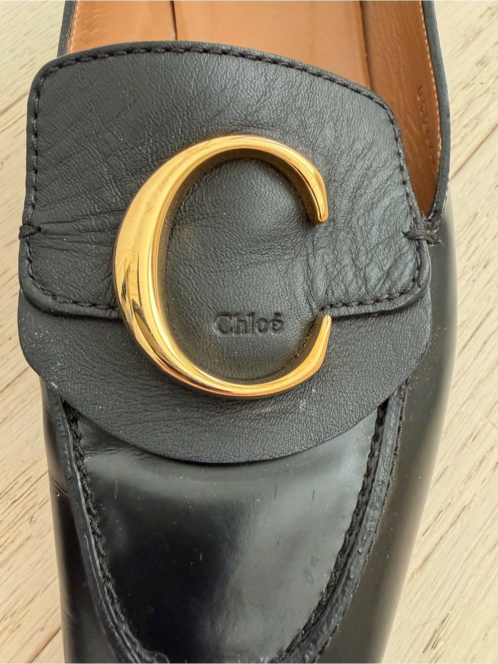 Chloe Black Leather Loafers with Gold crescent Detail